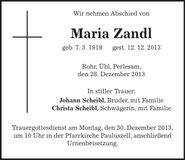 Traueranzeige Maria Zandl
