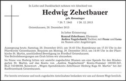 Traueranzeige Hedwig Zehetbauer