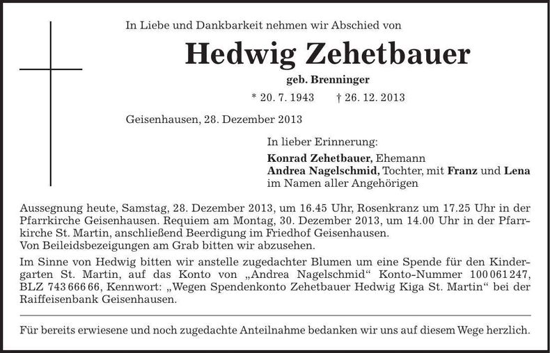 Traueranzeige Hedwig Zehetbauer