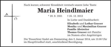 Traueranzeige Maria Heindlmeier
