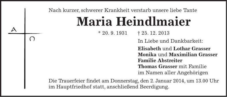 Traueranzeige Maria Heindlmeier