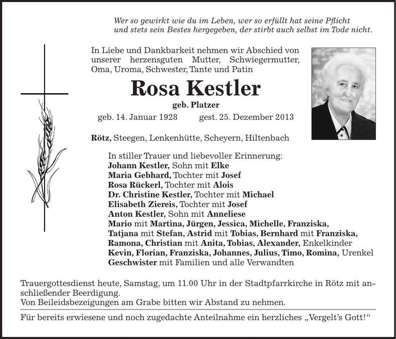 Traueranzeige Rosa Kestler