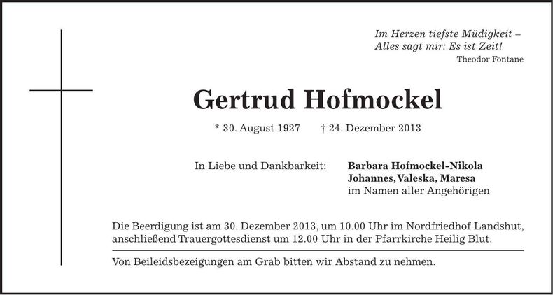Traueranzeige Gertrud Hofmockel