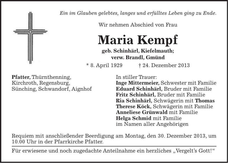 Traueranzeige Maria Kempf