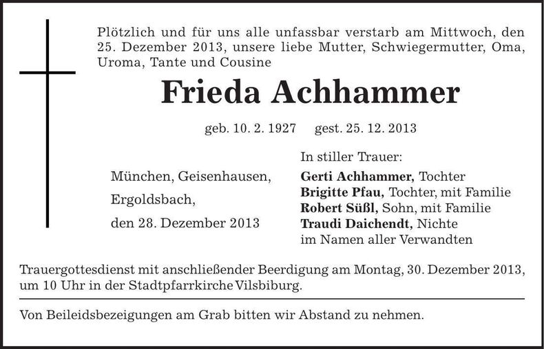Traueranzeige Frieda Achhammer