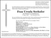 Traueranzeige Ursula Seehofer