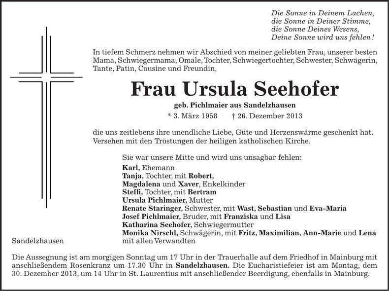 Traueranzeige Ursula Seehofer