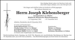 Traueranzeige Joseph Klebensberger