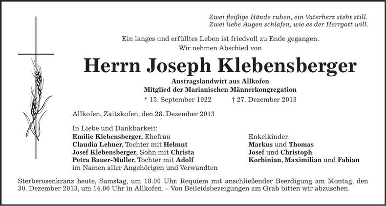 Traueranzeige Joseph Klebensberger