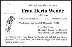 Traueranzeige Herta Wende