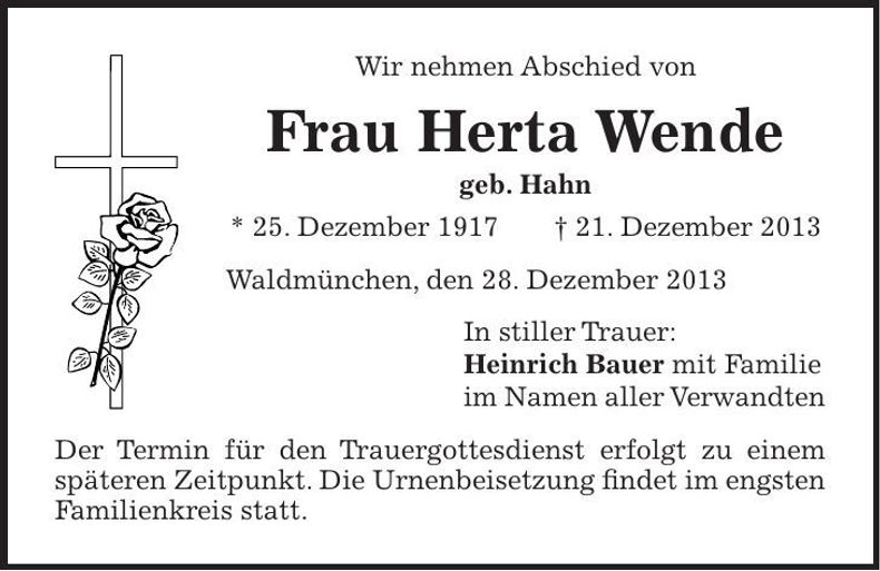 Traueranzeige Herta Wende