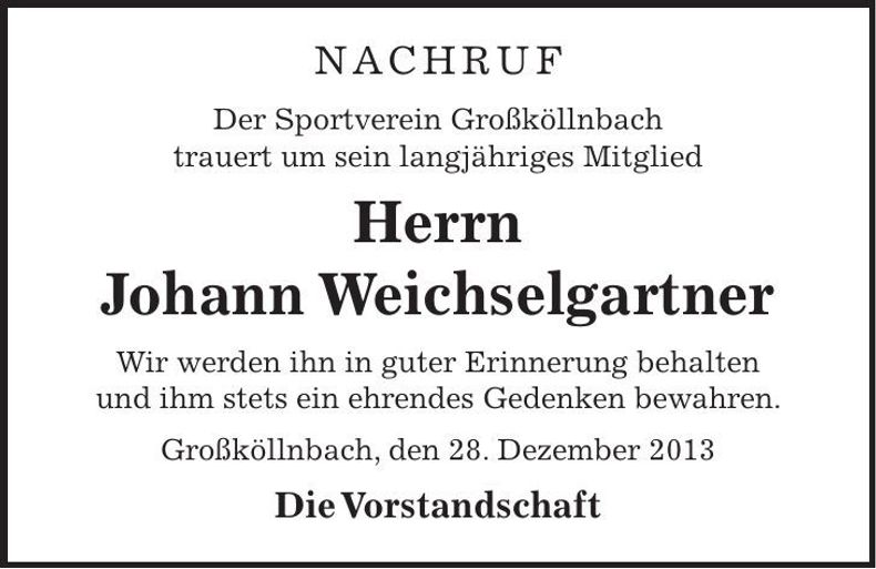 Traueranzeige Johann Weichselgartner
