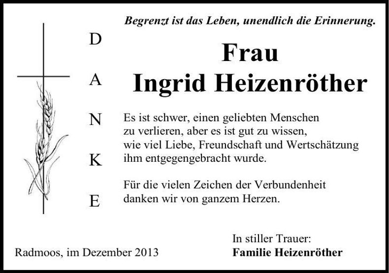Traueranzeige Ingrid Heizenröther