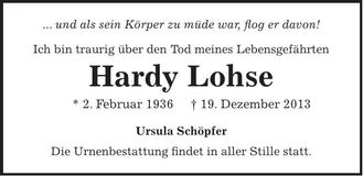 Traueranzeige Hardy Lohse