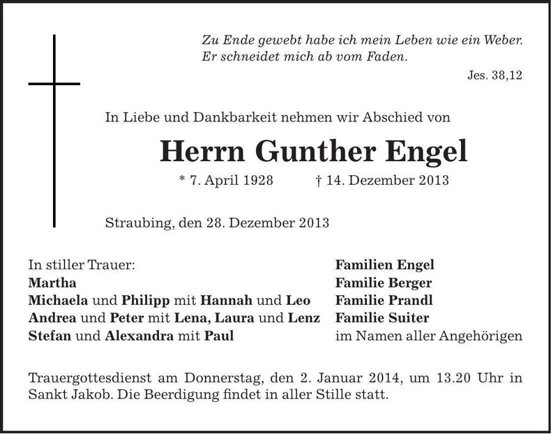 Traueranzeige Gunther Engel