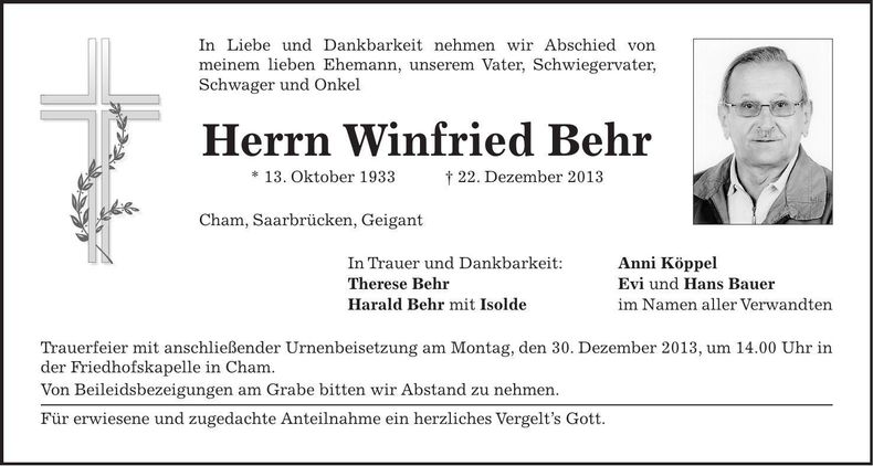 Traueranzeige Winfried Behr