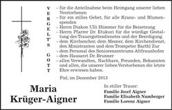Traueranzeige Maria Krüger-Aigner