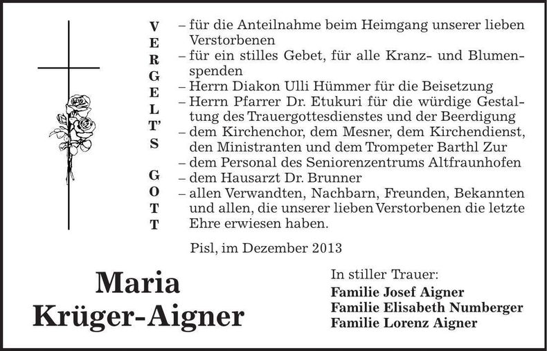 Traueranzeige Maria Krüger-Aigner