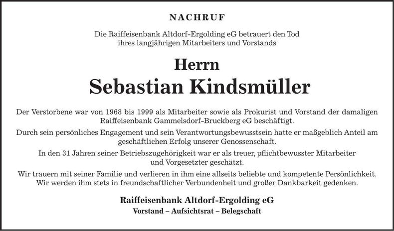 Traueranzeige Sebastian Kindsmüller