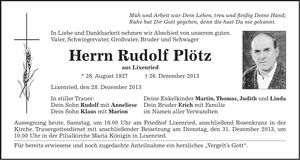 Traueranzeige Rudolf Plötz