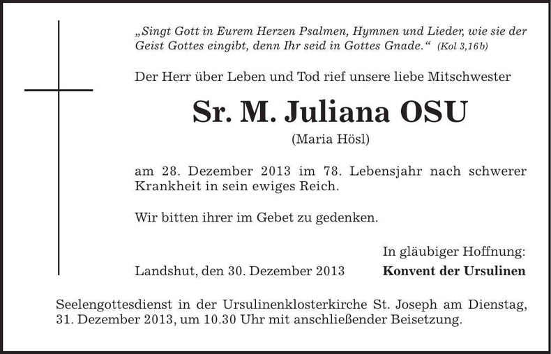Traueranzeige Maria Hösl