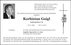 Traueranzeige Korbinian Gaigl