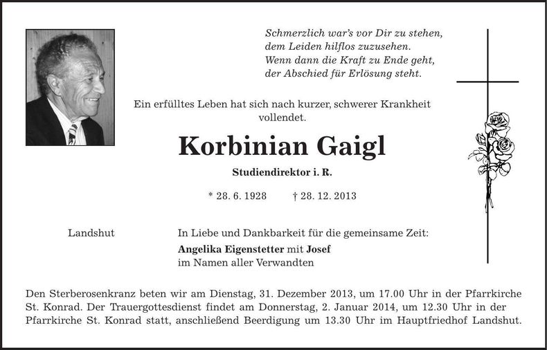 Traueranzeige Korbinian Gaigl