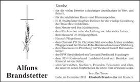 Traueranzeige Alfons Brandstetter