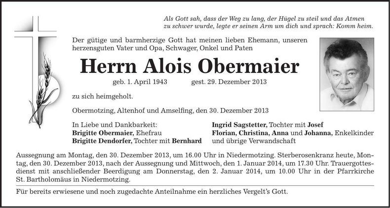 Traueranzeige Alois Obermaier
