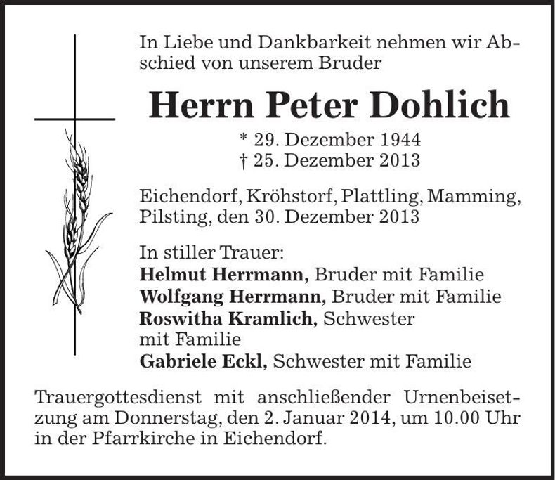 Traueranzeige Peter Dohlich