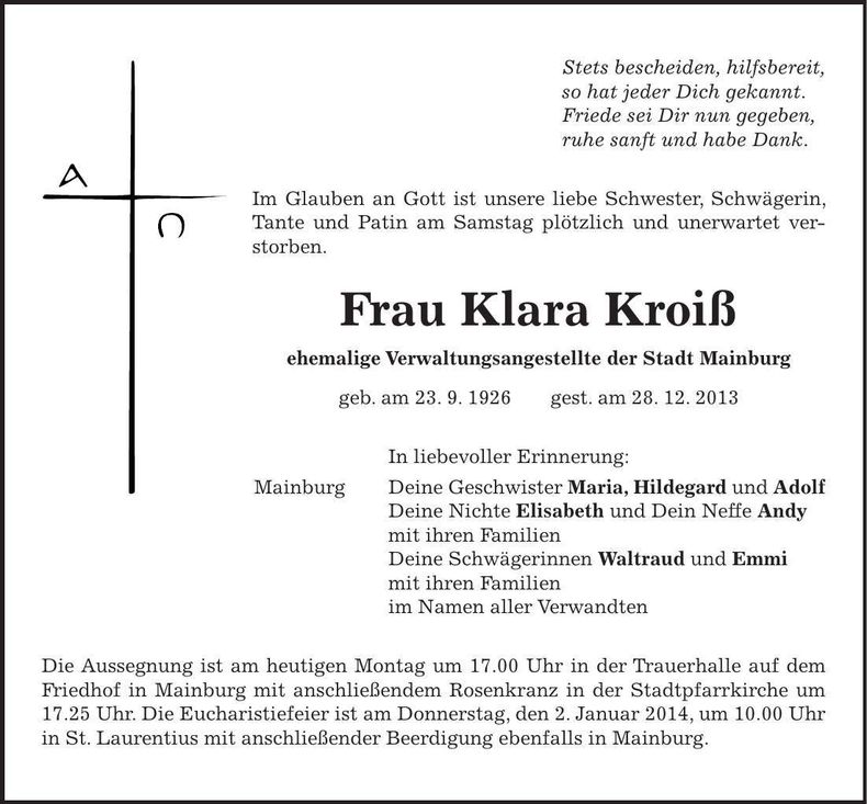 Traueranzeige Klara Kroiß