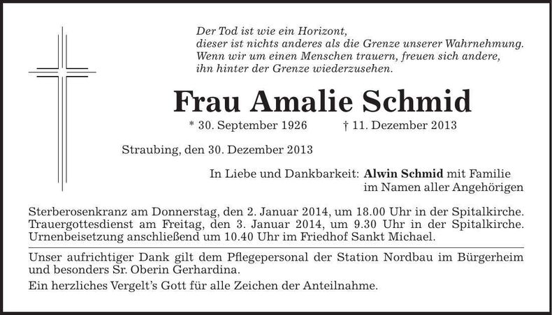 Traueranzeige Amalie Schmid