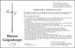 Traueranzeige Therese Geigenberger