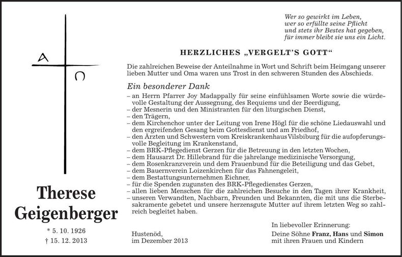 Traueranzeige Therese Geigenberger