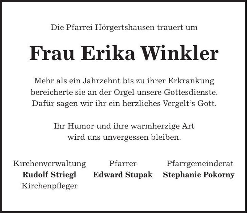 Traueranzeige Erika Winkler