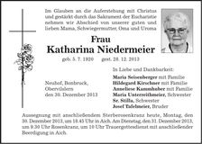 Traueranzeige Katharina Niedermeier
