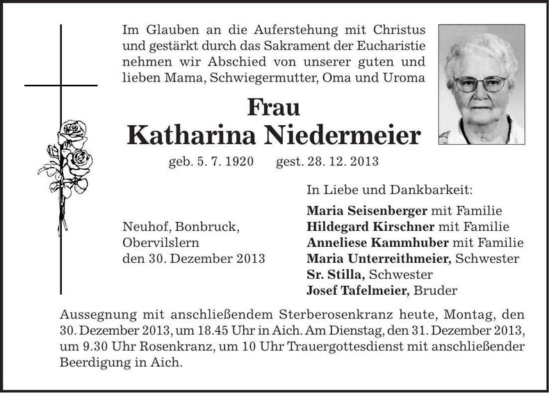 Traueranzeige Katharina Niedermeier