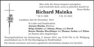 Traueranzeige Richard Mainka