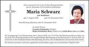 Traueranzeige Maria Schwarz