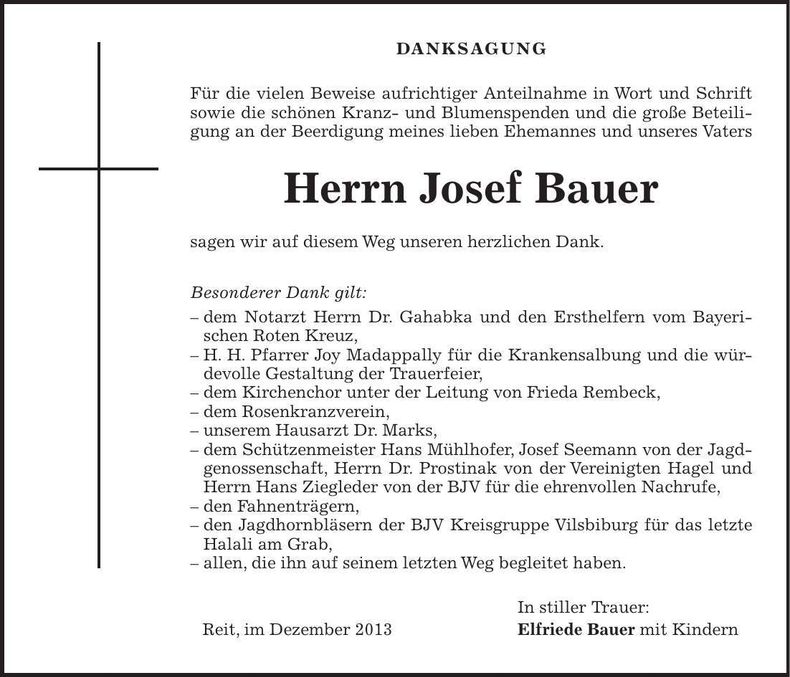 Traueranzeige Josef Bauer