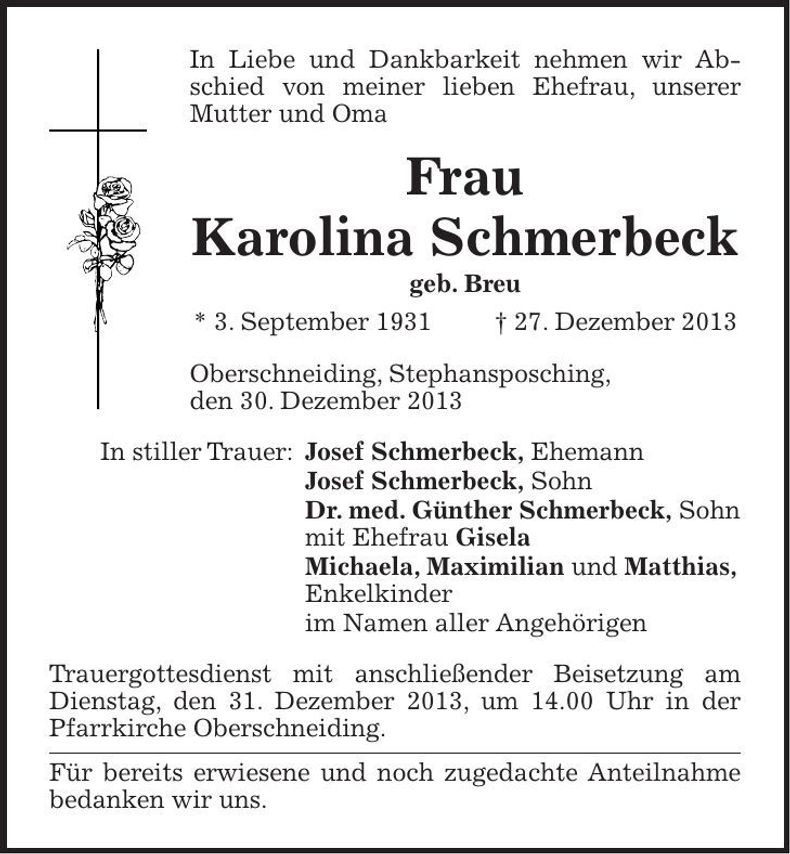 Traueranzeige Karolina Schmerbeck