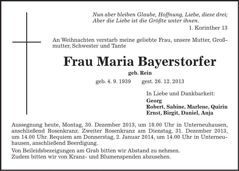 Traueranzeige Maria Bayerstorfer