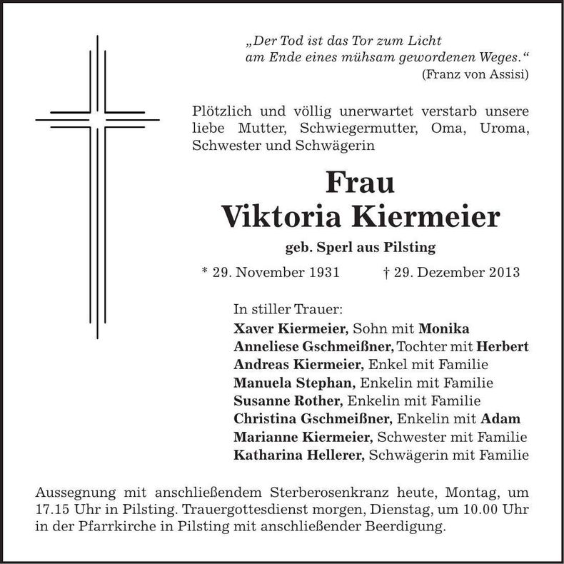 Traueranzeige Viktoria Kiermeier