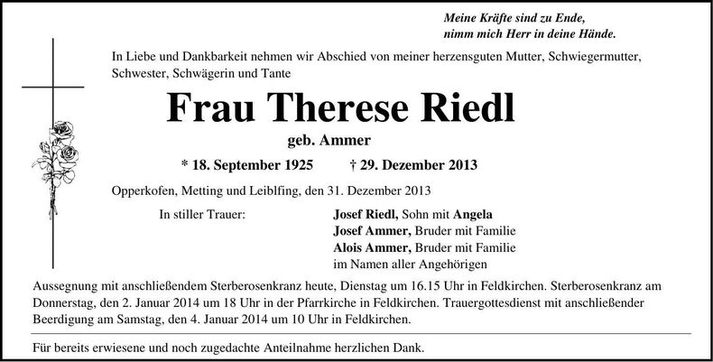 Traueranzeige Therese Riedl