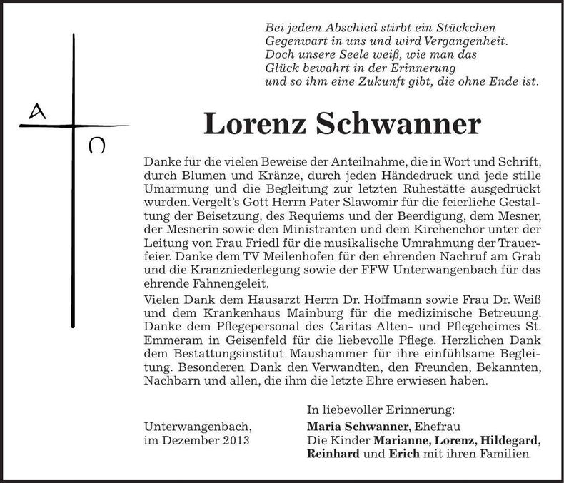 Traueranzeige Lorenz Schwanner