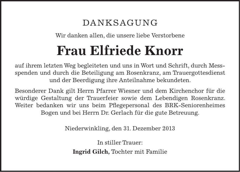 Traueranzeige Elfriede Knorr