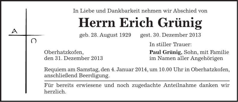 Traueranzeige Erich Grünig