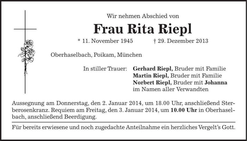 Traueranzeige Rita Riepl