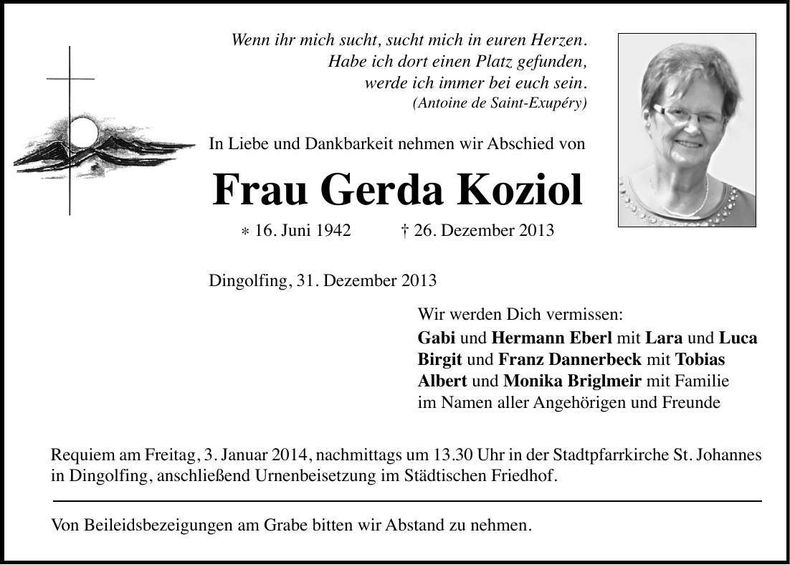 Traueranzeige Gerda Koziol