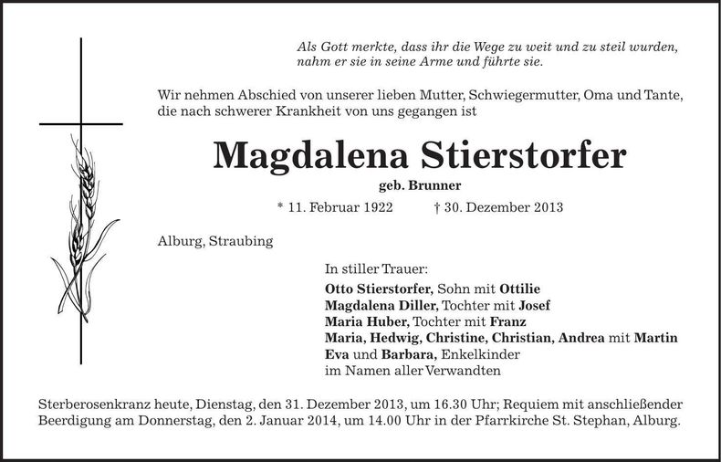 Traueranzeige Magdalena Stierstorfer